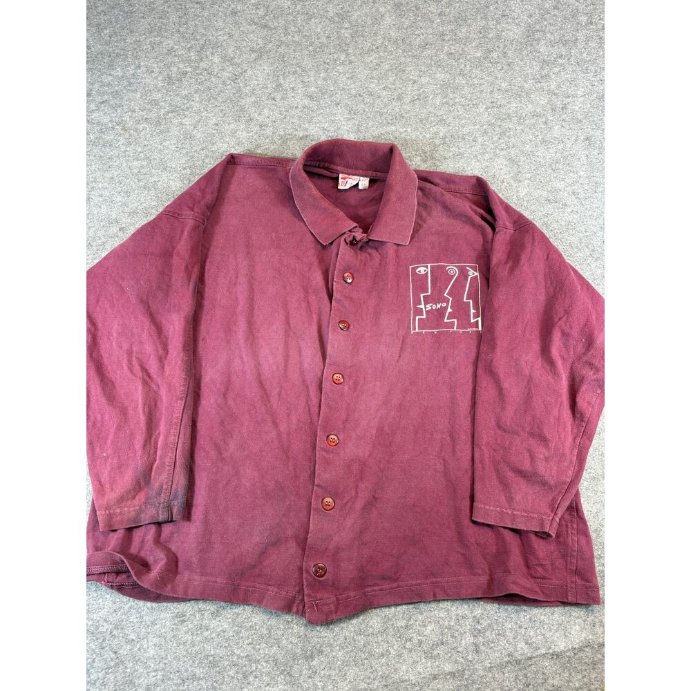 VINTAGE 80s Health Loom Soho New York Shirt Mens XL Maroon Button Up Knit Retro